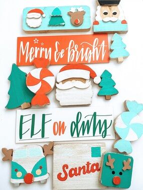 Handmade Merry & Bright Christmas Wood Sign Set - Teal, Green, Red